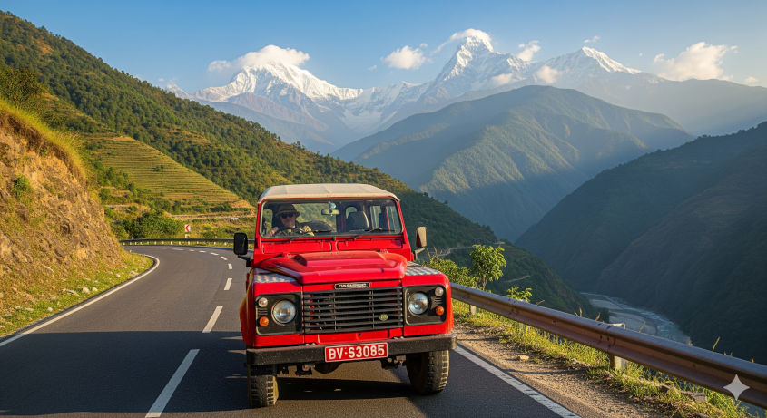 Car on the road from Kathmandu to Pokhara