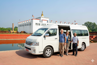 Lumbini temple and a car in the background